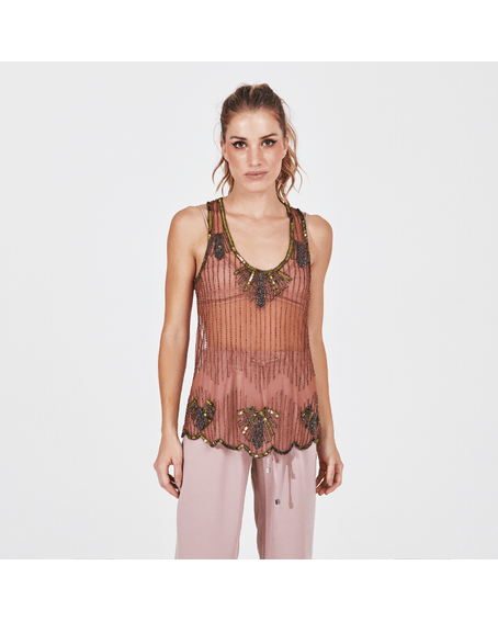 Blusa Cavada Transparente Bordada Marrom