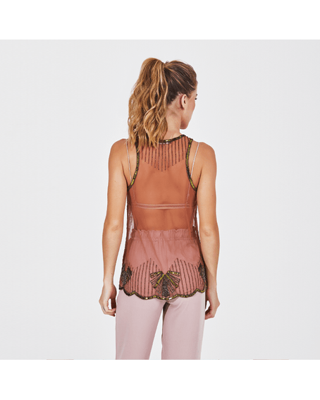 Blusa Cavada Transparente Bordada Marrom