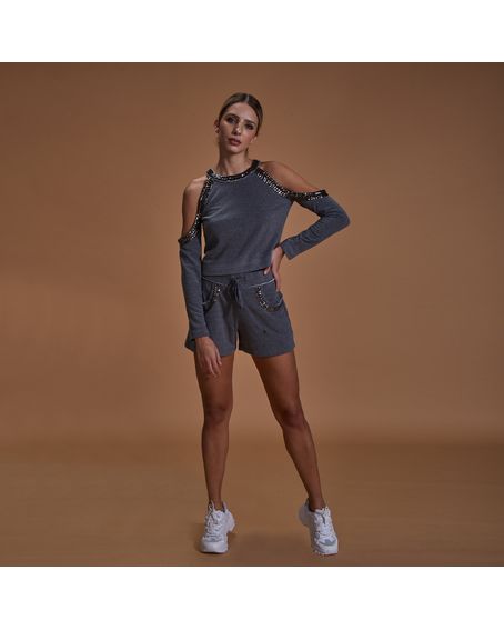 Blusa Manga Longa Bordado Ombro Mescla