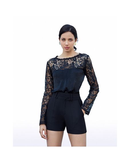 Blusa Manga Longa Guipure Preta