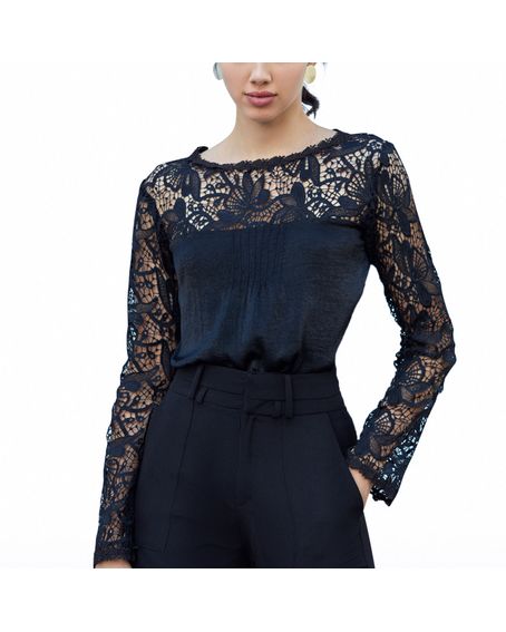Blusa Manga Longa Guipure Preta
