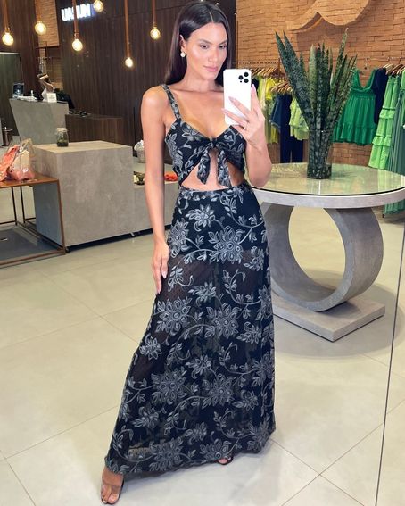 Conjunto Tule Bordado Preto