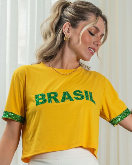 T-Shirt Paetê Brasil Amarela
