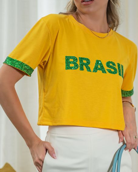 T-Shirt Paetê Brasil Amarela
