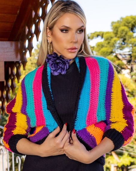 Poncho Listras Crochê Colorido