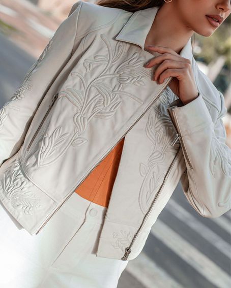 Jaqueta Couro Bordado Linha Off White