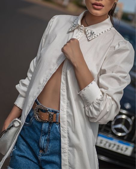 Camisa Tricoline Longa Off White