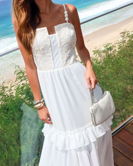 Vestido Recortes Bordado Off White