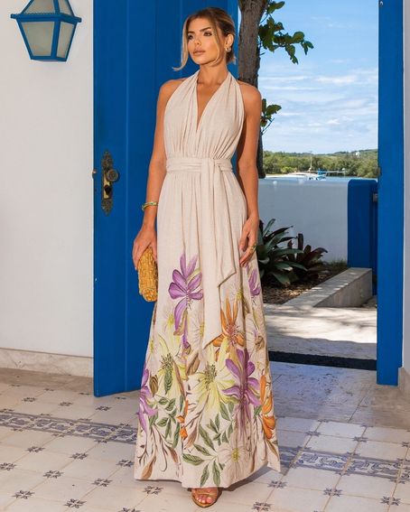 Vestido Frente Única Lurex Estampa Bothânico
