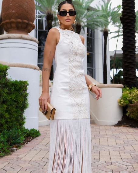 Vestido Bordado Franjas Off White