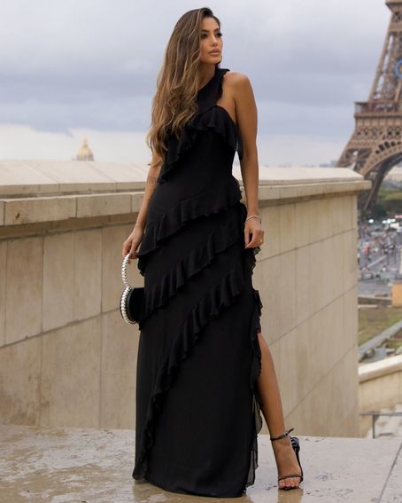 Vestido Longo Babados Preto