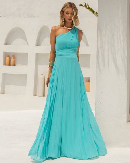 Vestido Plissê Anis Azul Caribe