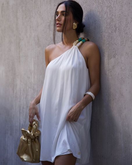 Vestido Alça Pedraria Off White