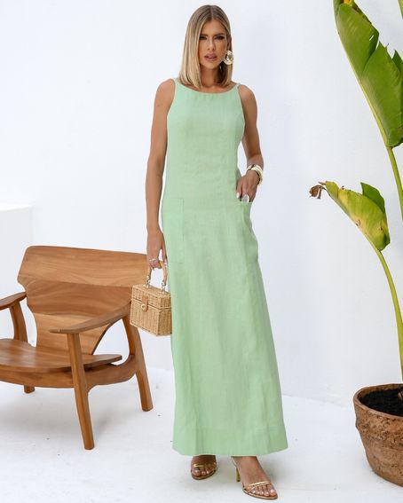Vestido Linho Longo Verde Menta
