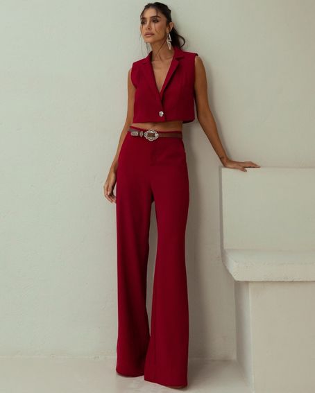 Calça Alfaiataria Crepe Satin Vinho Berry