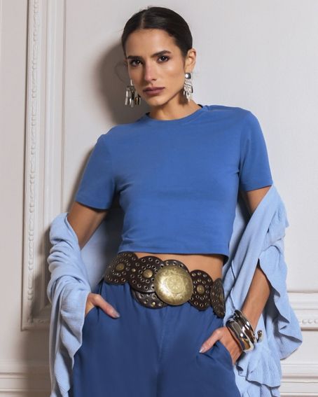 T Shirt Malha Cropped Azul Grey