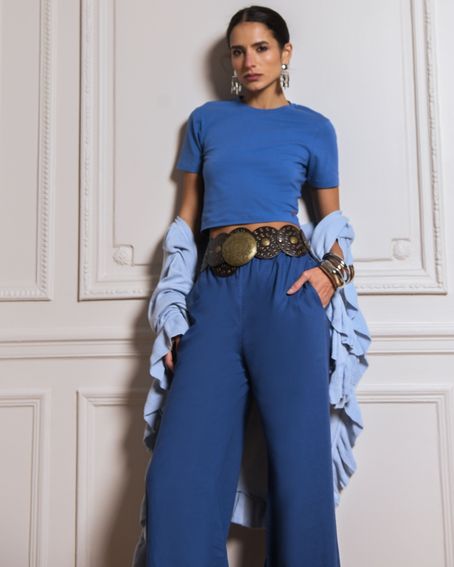 T Shirt Malha Cropped Azul Grey