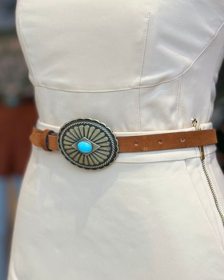 Cinto Boho Turquesa Slim Caramelo