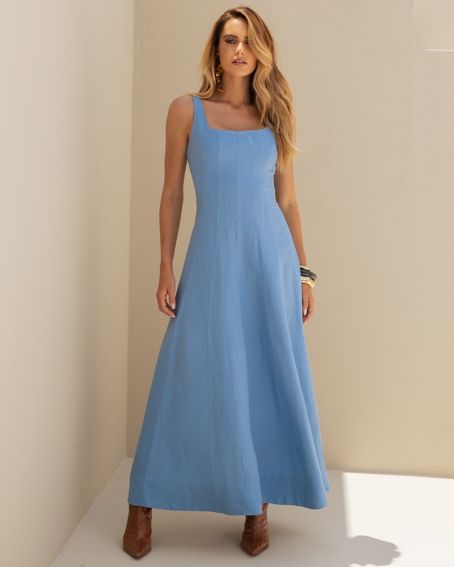 Vestido Linen Recortes Azul Céu