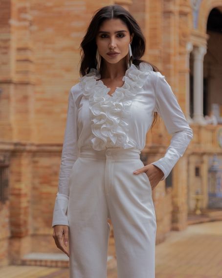 Camisa Tricoline Ruffles Off White