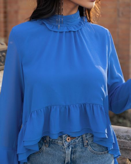 Blusa Boho Gola Alta Azul Jeans