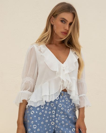 Blusa Decote V Babados Off White