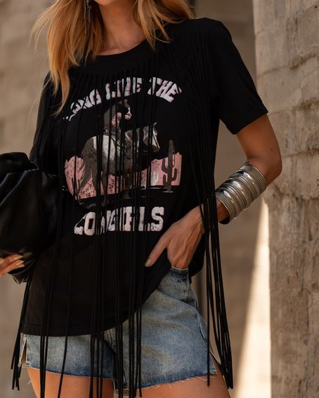 T-Shirt Long Fringes Preta