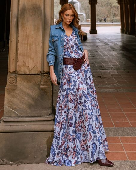 Vestido Estampa Folk Blue