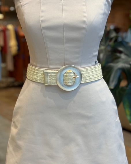 Cinto Palha Fivela Metal Off White