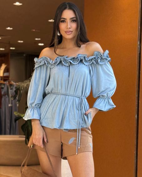 Blusa Ruffles Decote Azul Jeans