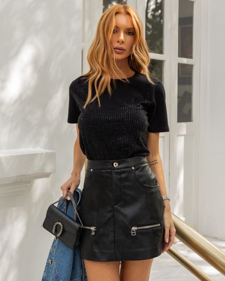 T-Shirt Top Cristais Preto