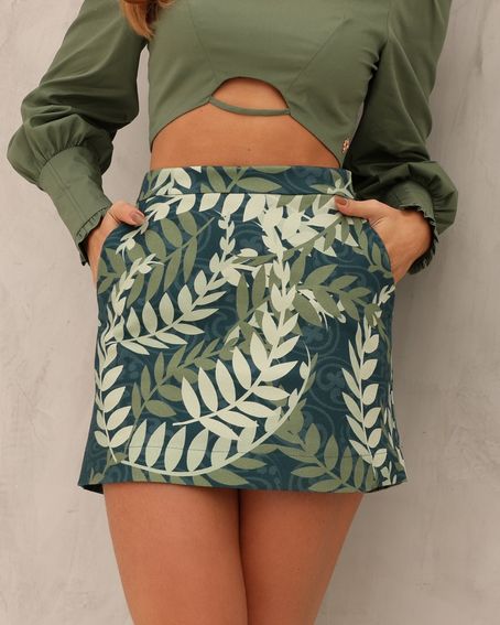 Short-Saia Sarja Folhagem Verde