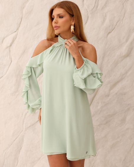Vestido Fluid Mangas Babados Verde Doce
