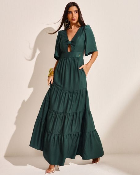 Vestido Twill Camadas Verde Forest