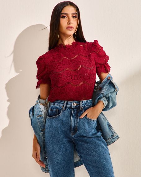 Blusa Renda Manga Curta Vinho