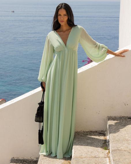 Vestido Longo Mangas Bufantes Verde Menta