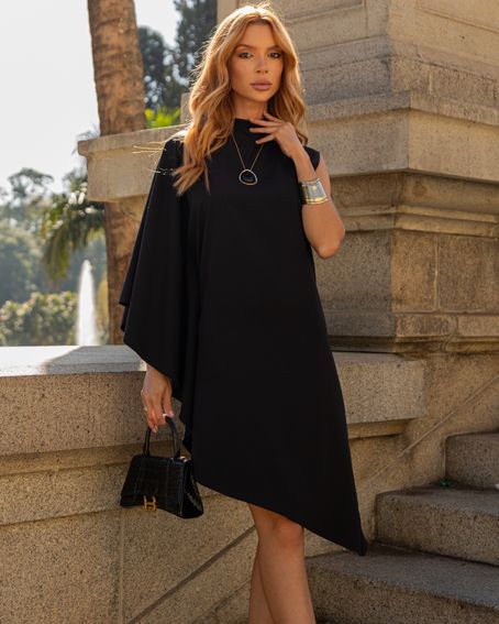 Vestido Crepe Assimétrico Preto