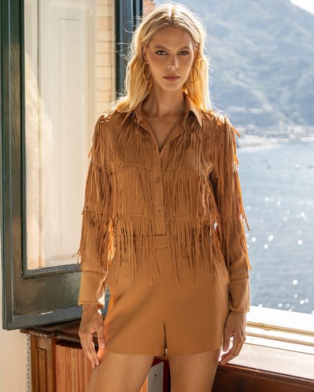 Camisa Franja Irregular Bege Mousse