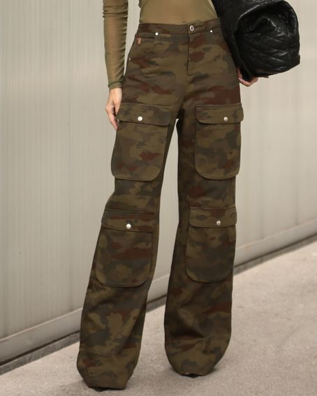 Calça Cargo Sarja Camuflada Verde Militar