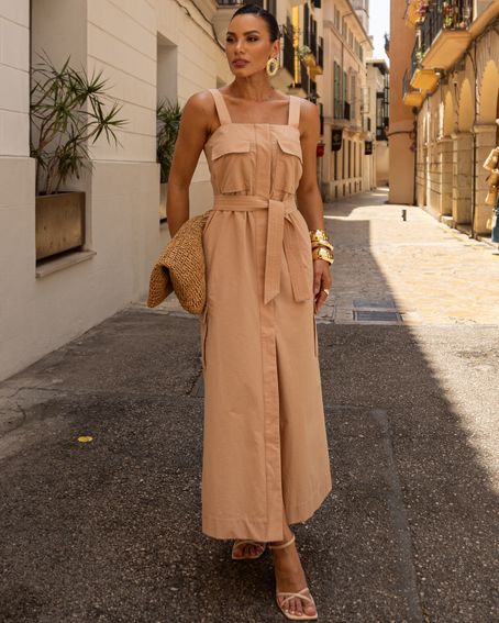 Vestido Bolsos Duplos Bege