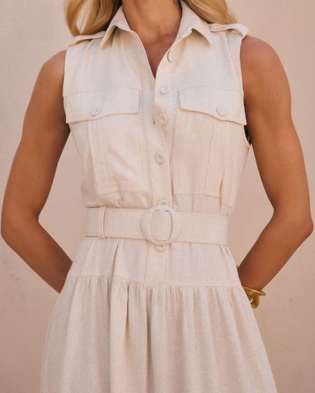 Vestido Safari Cavado Bege Palha