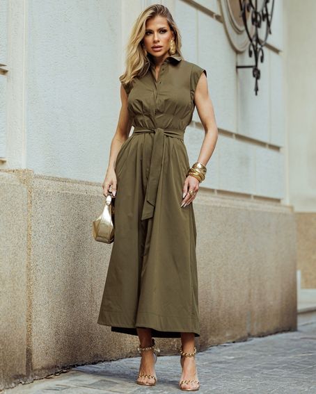 Vestido Sarja Midi Verde Militar