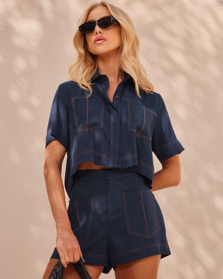 Camisa Cropped Alfaiataria Zig Zag Marinho