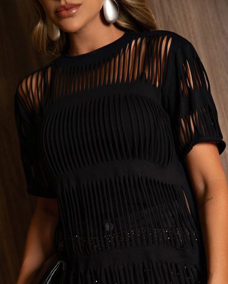 T-Shirt Stripe Destroyed Preta