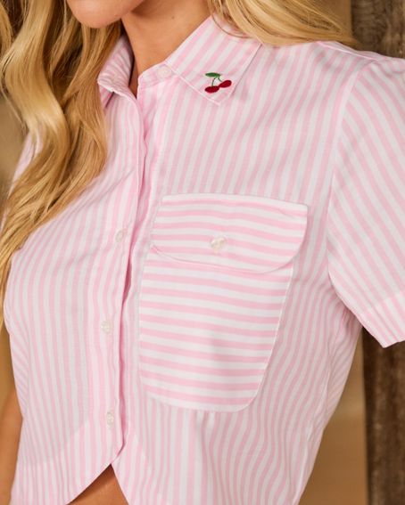 Camisa Cropped Stripes Rosa
