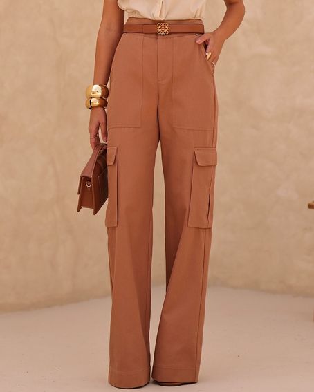 Calça Sarja Bolsos Marrom Mousse