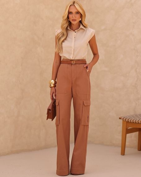 Calça Sarja Bolsos Marrom Mousse