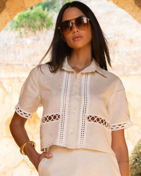 Camisa Linho Puro Rendas Natural