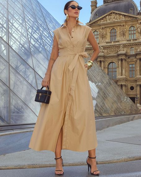 Vestido Algodão Midi Bege