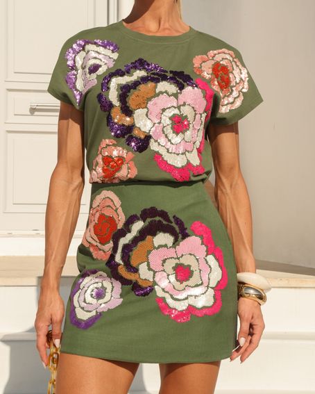 T-Shirt Bordada Flowers Verde